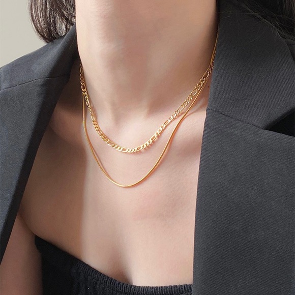 18K gold layered necklace, duo layered necklace set,Gold layered snake chain set - Picture 3 of 5